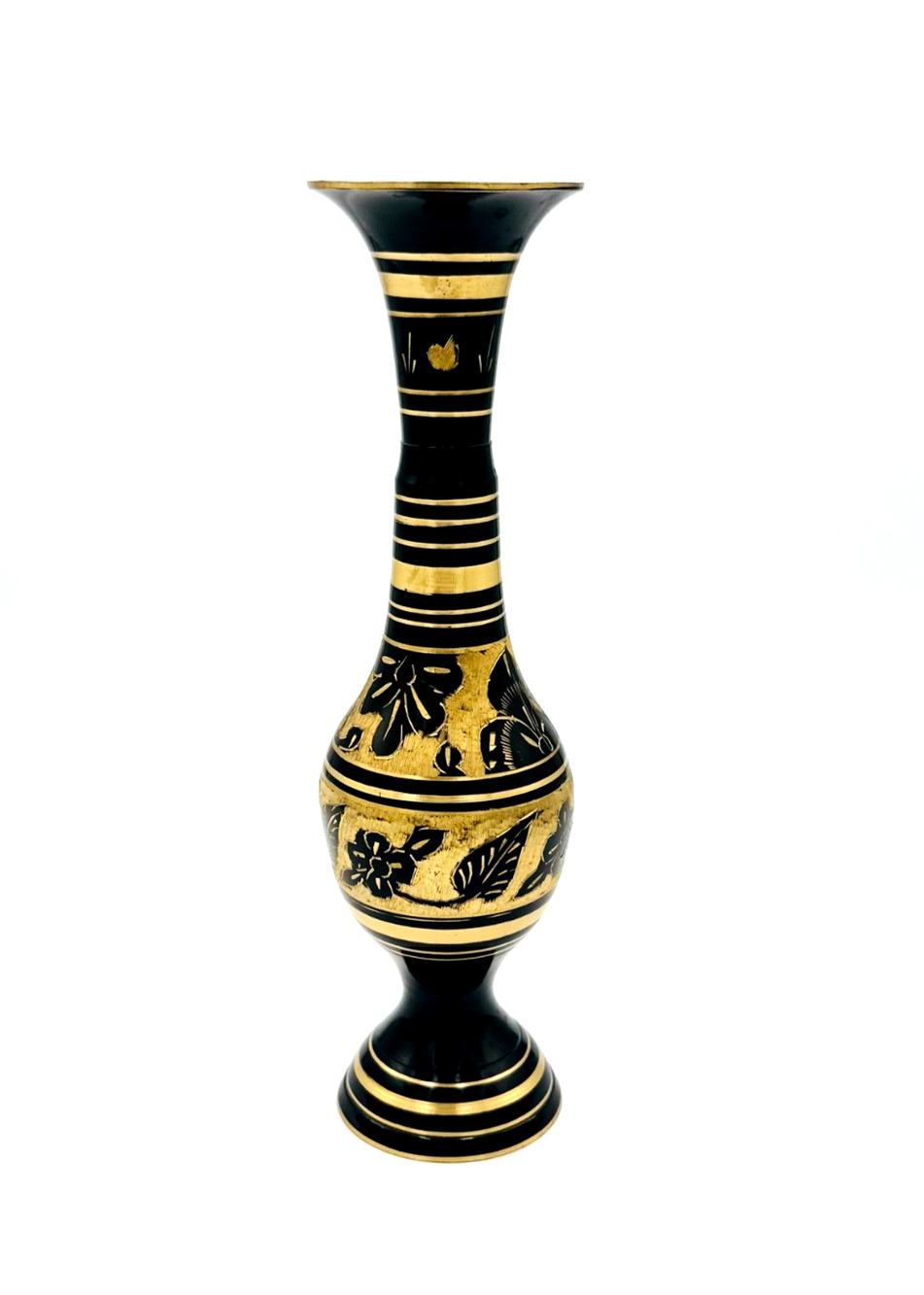 Vintage Ornate Brass Etched Vase Decor Black Gold Footed Floral 8” India